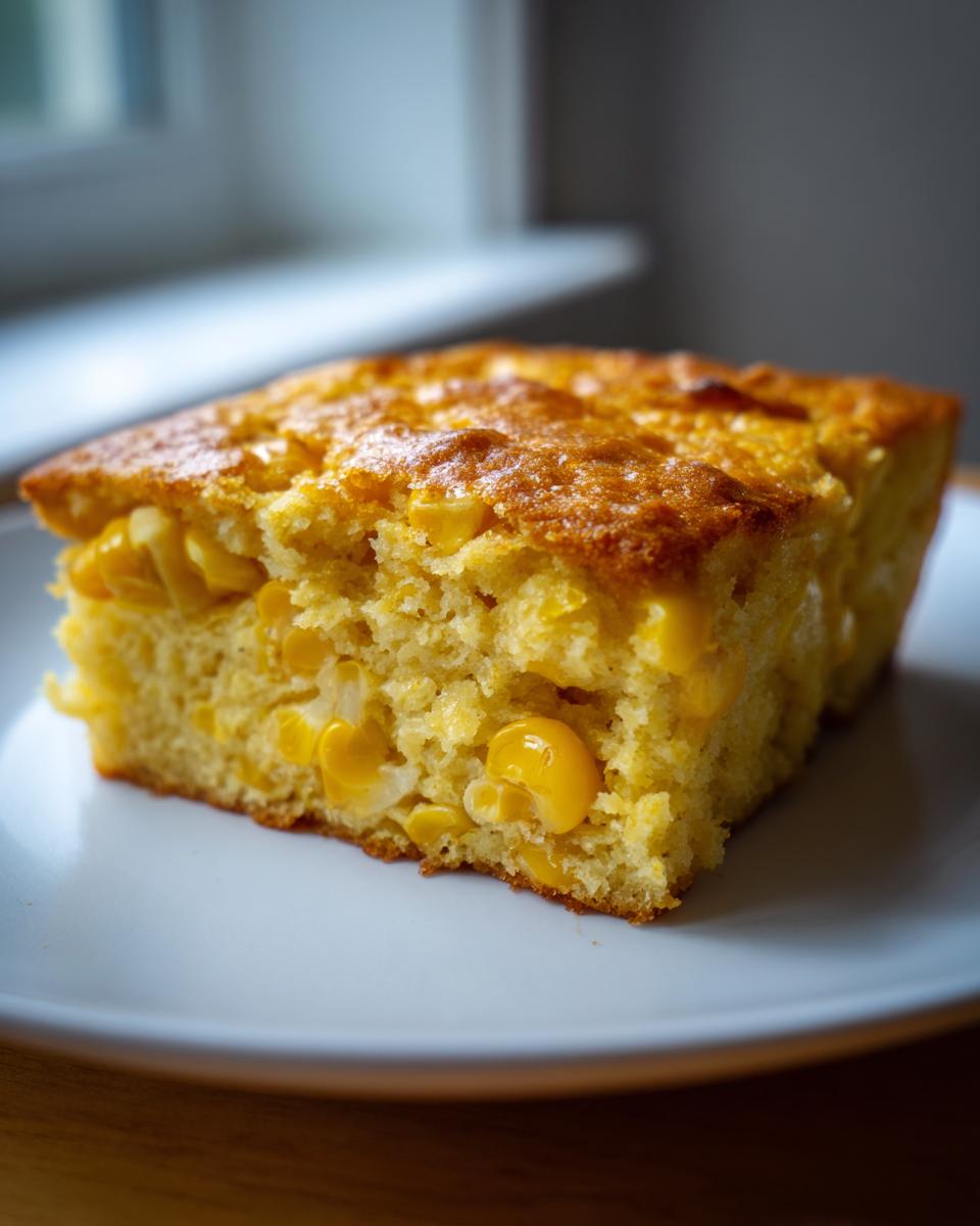 Close-up of a moist square slice of corn casserole recipe with visible whole corn kernels.