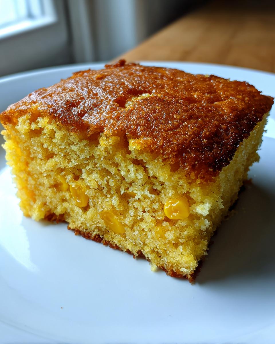 Close-up of a square slice of moist, golden corn casserole recipe with visible whole corn kernels.