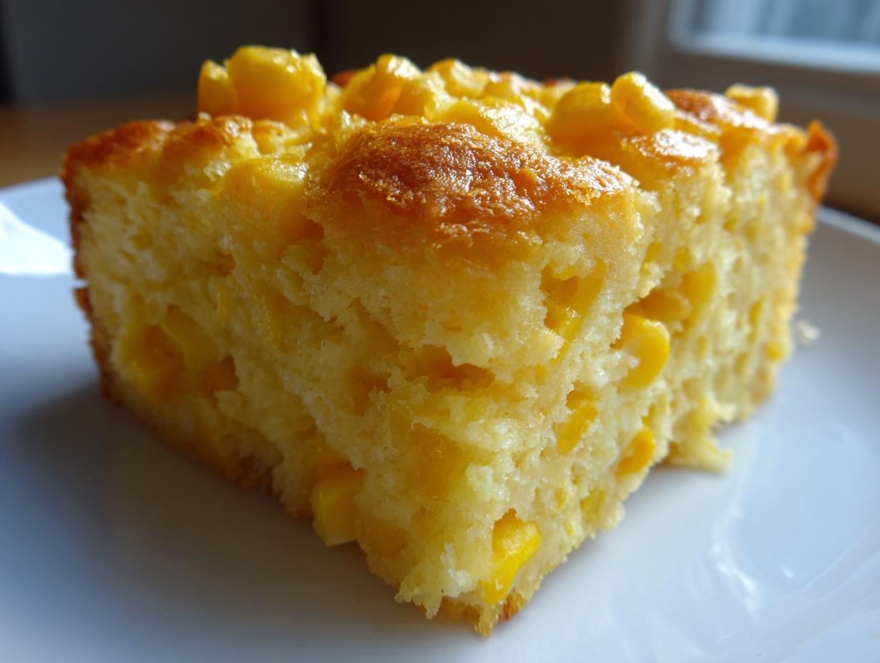 Close-up of a moist, golden slice of corn casserole recipe, studded with whole corn kernels.