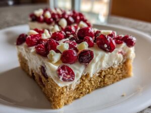 A close-up of a single serving of amazing cranberry bliss bars with thick white frosting, dried cranberries, and white chocolate chips.
