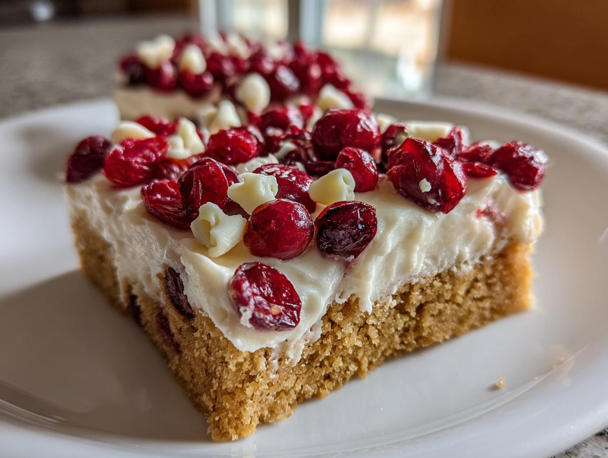A close-up of a single serving of amazing cranberry bliss bars with thick white frosting, dried cranberries, and white chocolate chips.