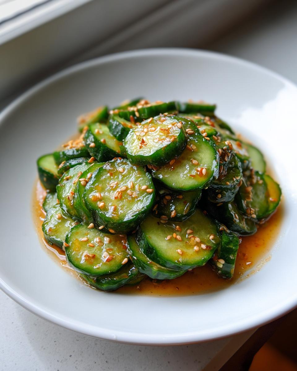Close-up of a vibrant cucumber salad tossed in a savory dressing and topped with sesame seeds.