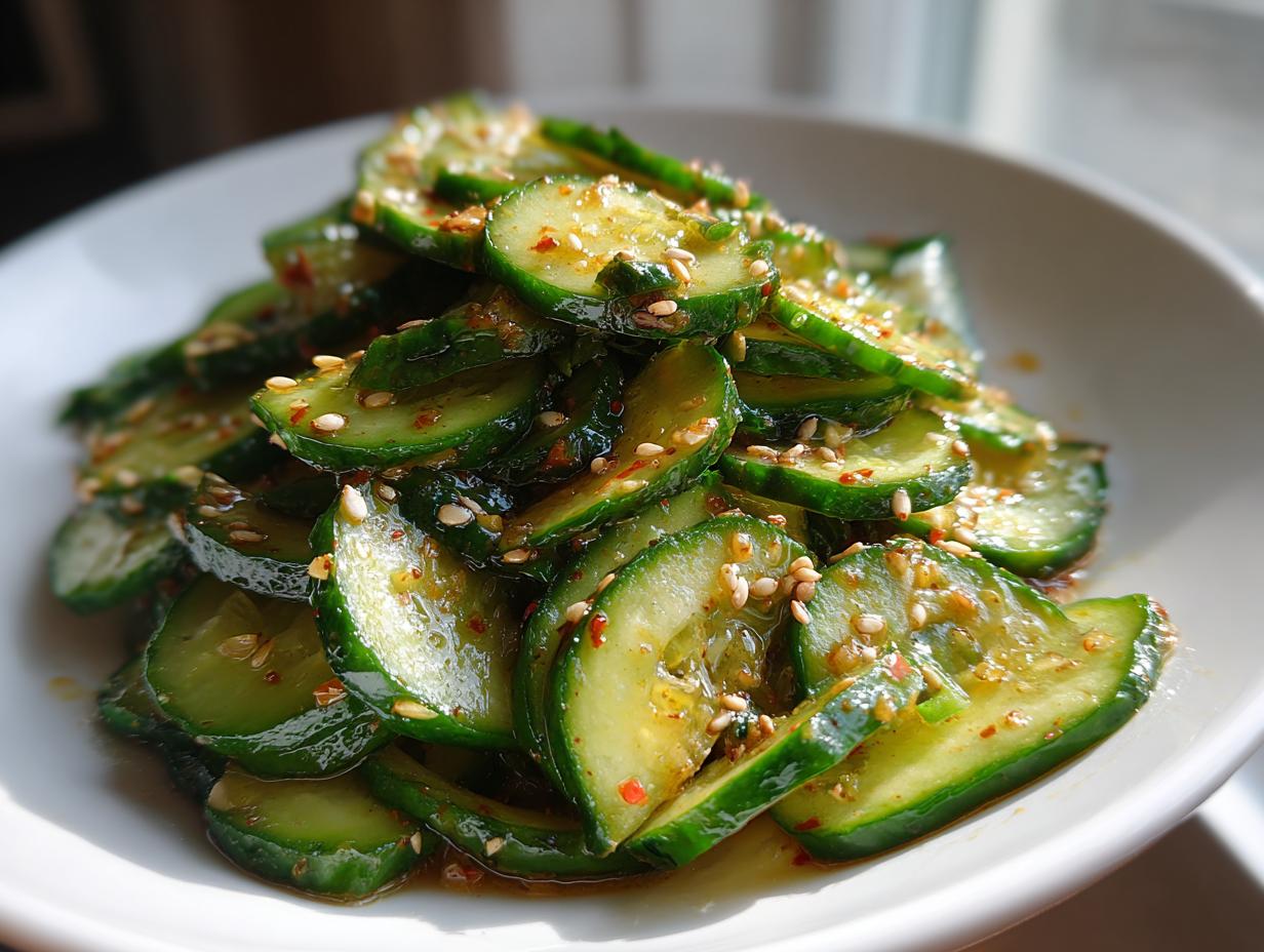 Close-up of shiny, sliced cucumber salad tossed in a spicy, sesame seed dressing.