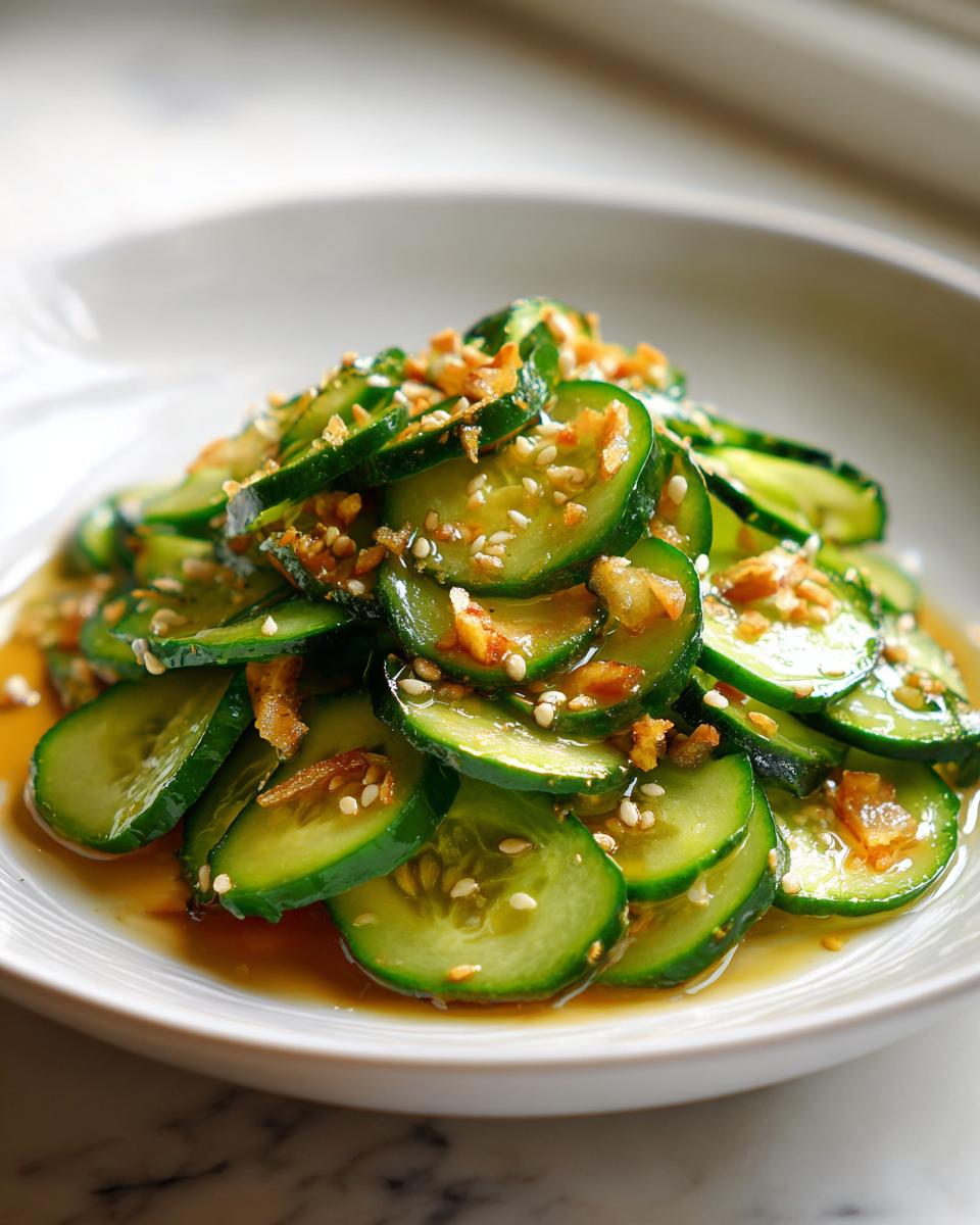 Close-up of a vibrant cucumber salad, thinly sliced and dressed in savory sauce, topped with sesame seeds and fried garlic.