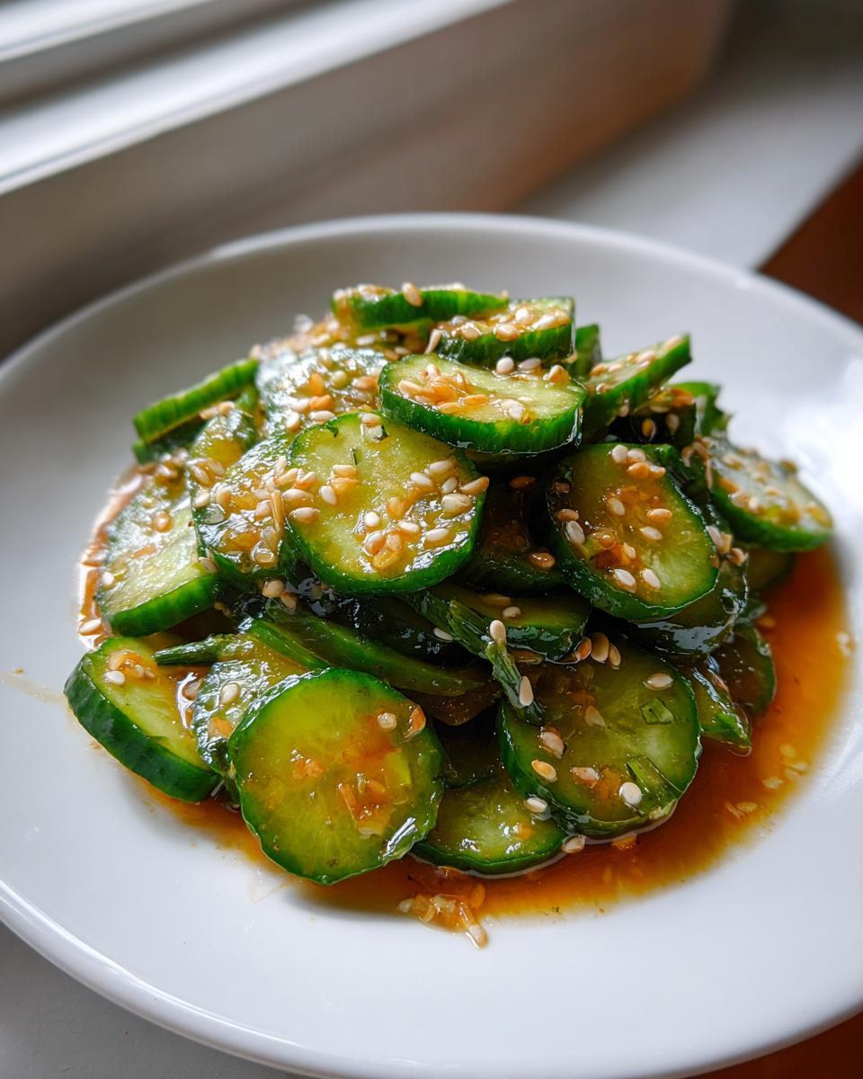 Close-up of a vibrant cucumber salad made with sliced cucumbers tossed in a savory, orange-hued dressing and topped with sesame seeds.