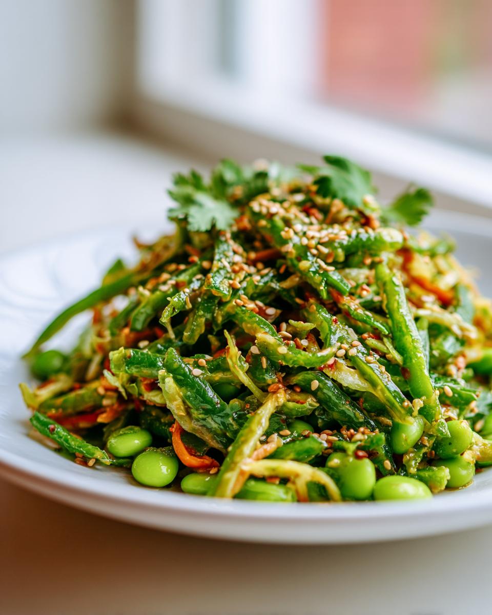 Close-up of a vibrant edamame salad featuring green beans, shelled edamame, and sesame seeds, garnished with cilantro.