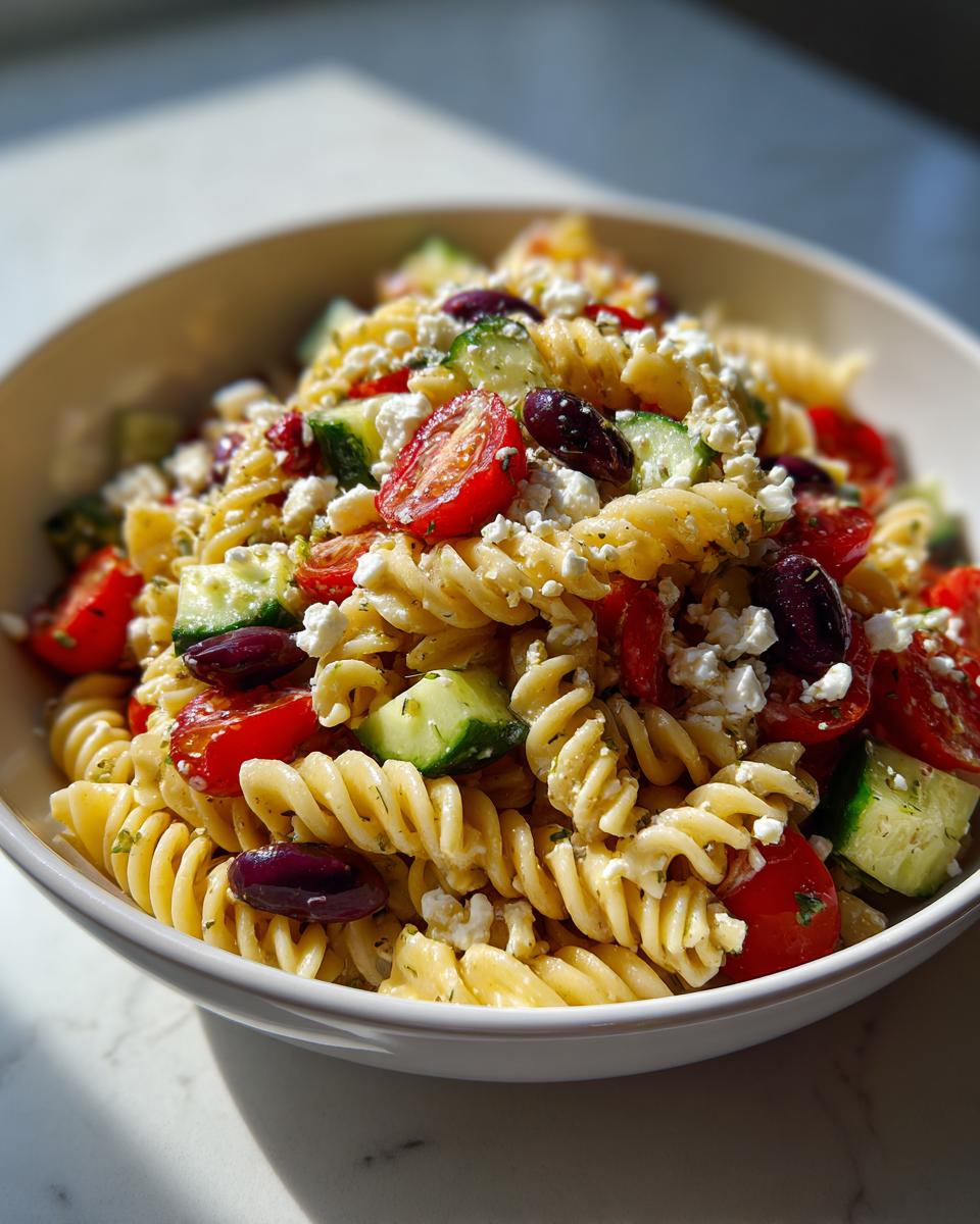 A close-up view of a bowl filled with amazing greek pasta salad featuring fusilli pasta, cucumbers, tomatoes, olives, and feta cheese.