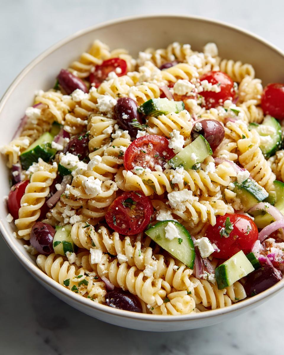 Close-up of a bowl filled with vibrant greek pasta salad featuring rotini pasta, tomatoes, cucumbers, olives, and feta.