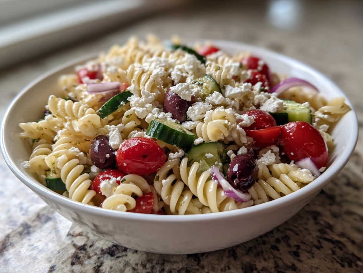 A close-up of a white bowl filled with amazing greek pasta salad featuring rotini pasta, feta, tomatoes, and cucumbers.