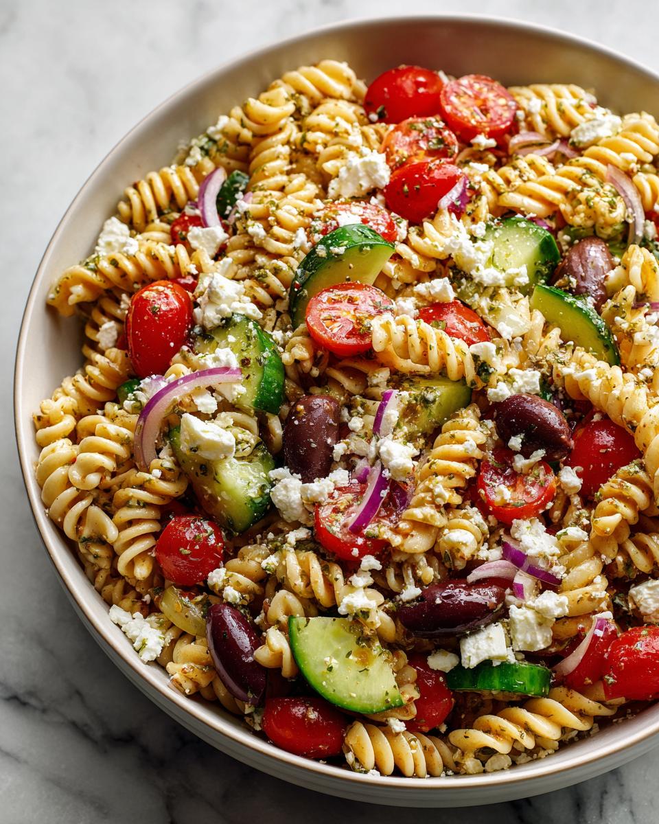 A close-up view of a vibrant greek pasta salad featuring fusilli pasta, cucumbers, tomatoes, olives, and feta cheese.
