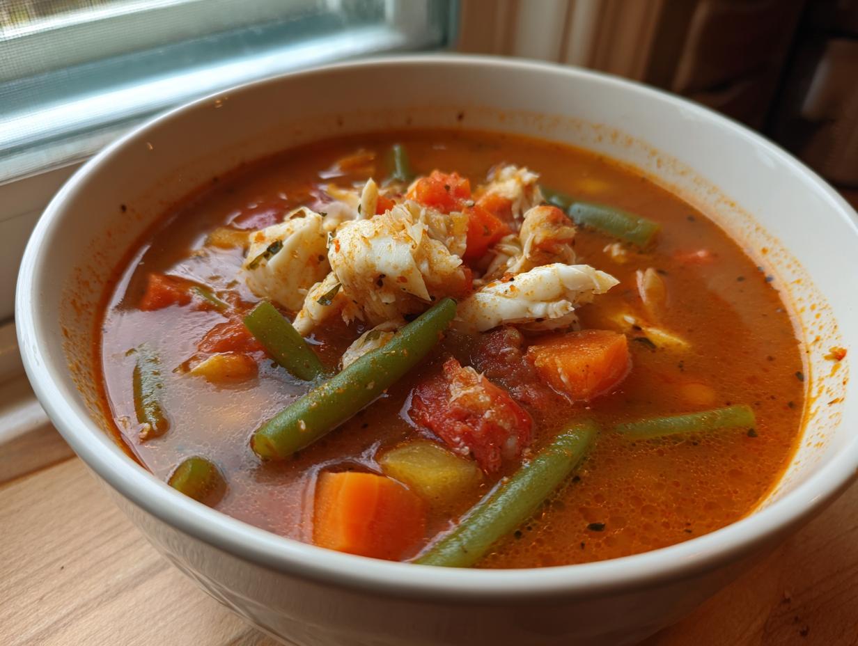 A close-up view of a hearty bowl of amazing maryland crab soup, featuring visible crab meat, carrots, and green beans in a rich broth.
