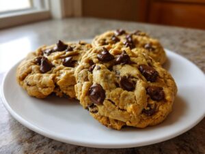 Three freshly baked peanut butter chocolate chip cookies piled on a white plate.