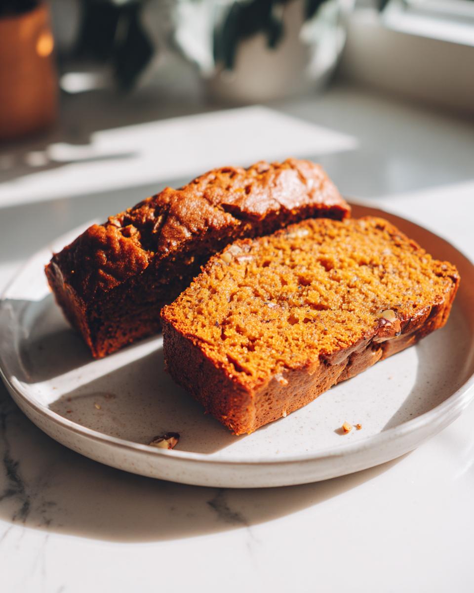 A slice and a small loaf end of moist persimmon bread on a speckled white plate.