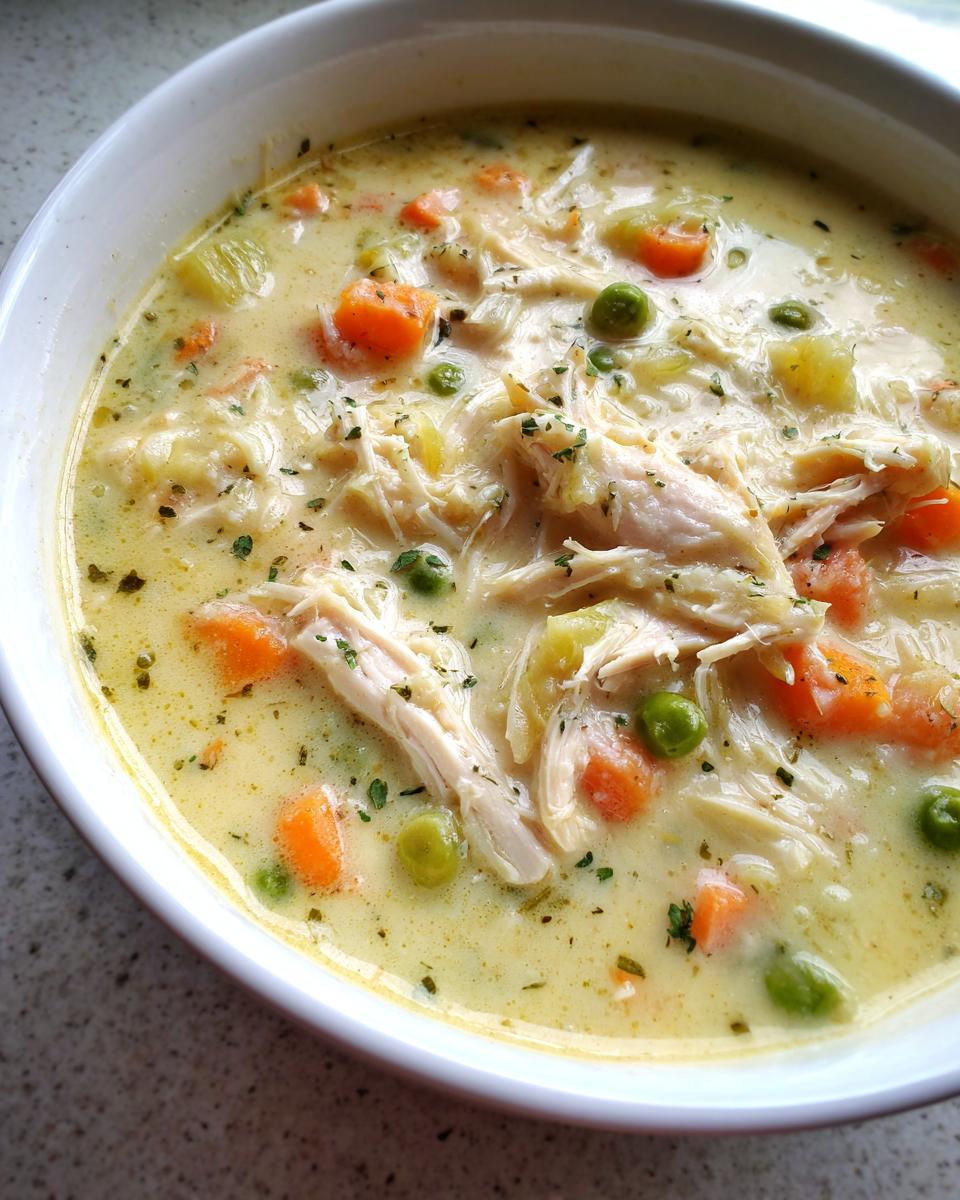 Close-up of a creamy bowl of amazing pot pie soup filled with shredded chicken, carrots, and peas.