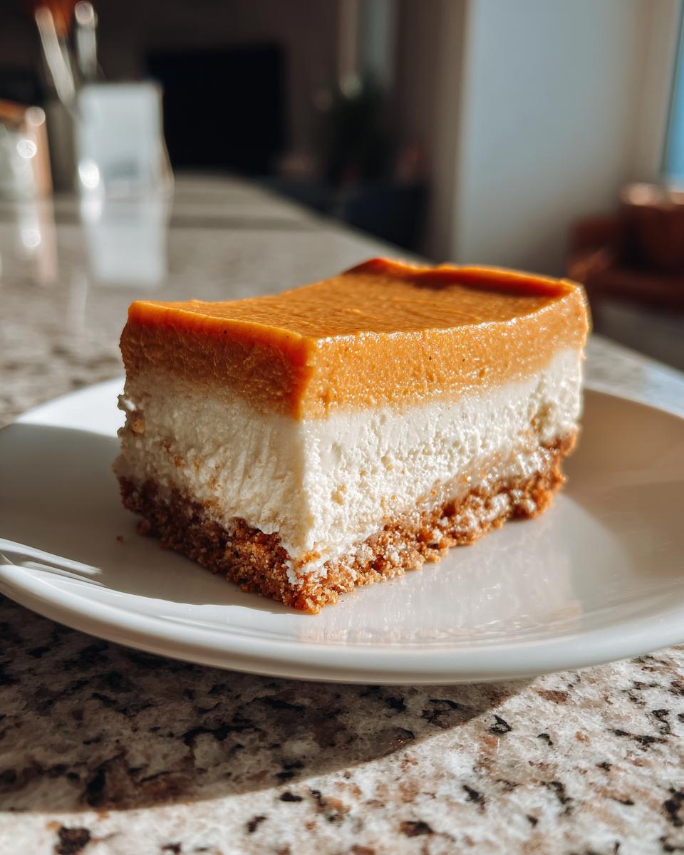 Close-up of a layered slice of pumpkin cheesecake with a graham cracker crust, cream cheese layer, and pumpkin topping.