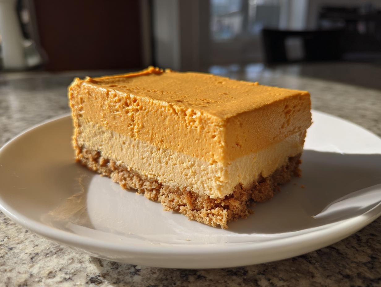 A close-up of a layered slice of pumpkin cheesecake on a white plate, showing a graham cracker crust.