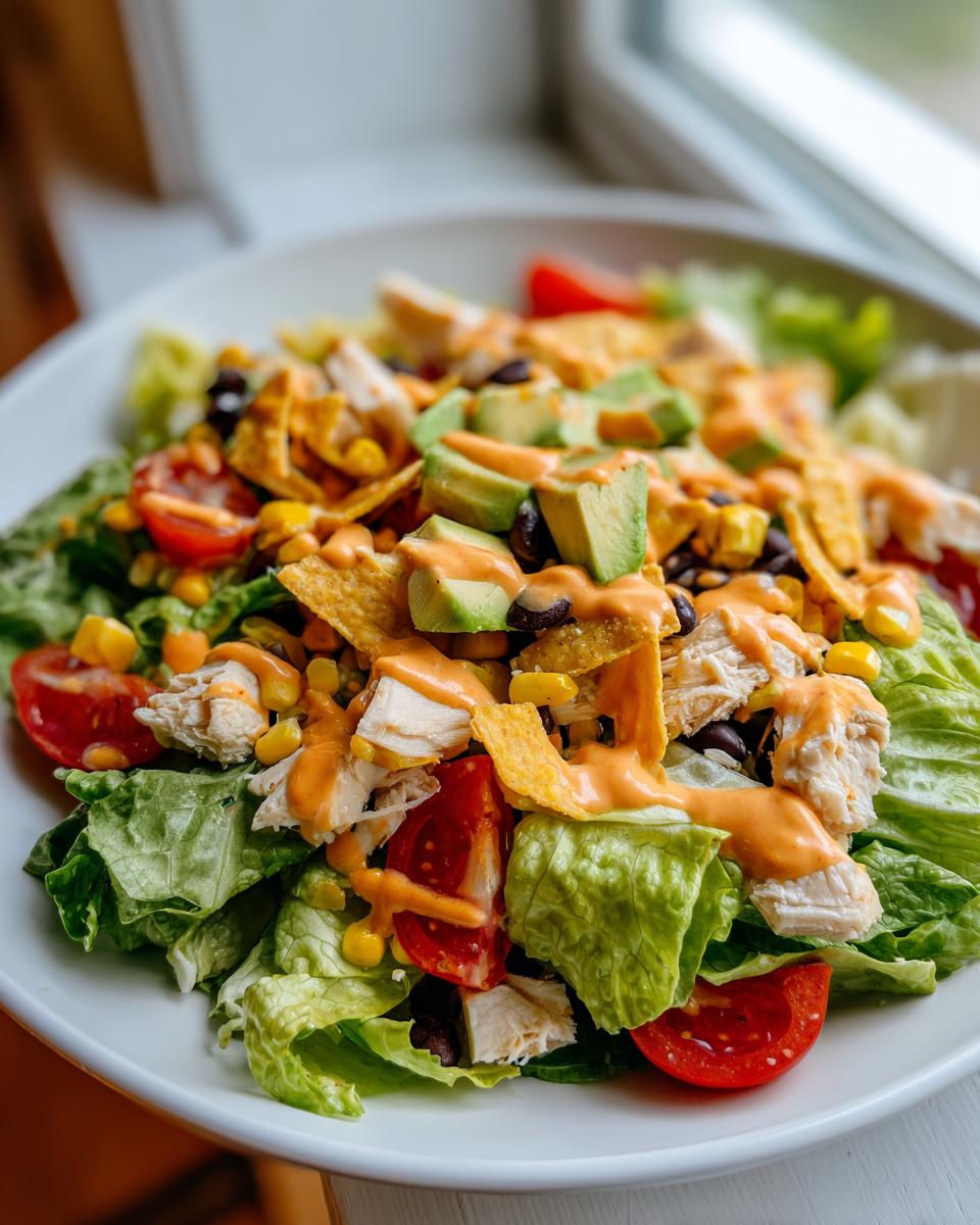 Close-up of a vibrant southwest salad featuring lettuce, chicken, tomatoes, corn, black beans, avocado, and creamy dressing.