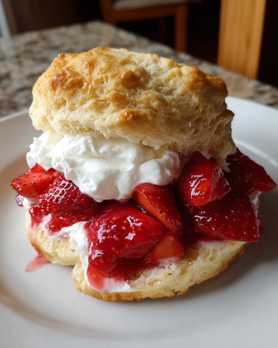 A close-up of a fluffy biscuit layered with whipped cream and macerated strawberries, making a perfect strawberry shortcake.