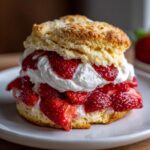Close-up of a delicious strawberry shortcake with layers of biscuit, macerated strawberries, and whipped cream.