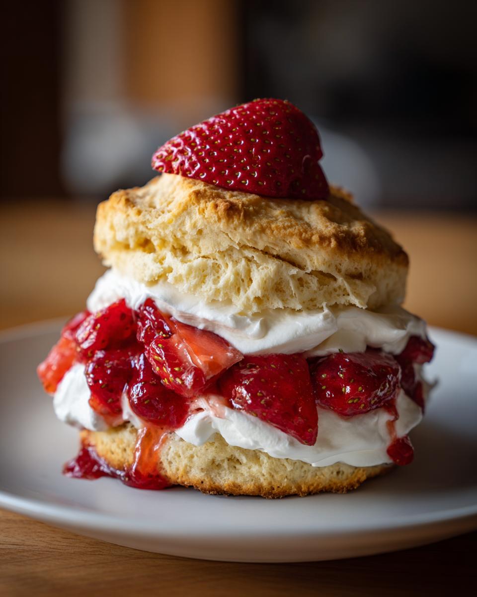 Close-up of a single serving of strawberry shortcake with biscuit, whipped cream, and fresh strawberries.