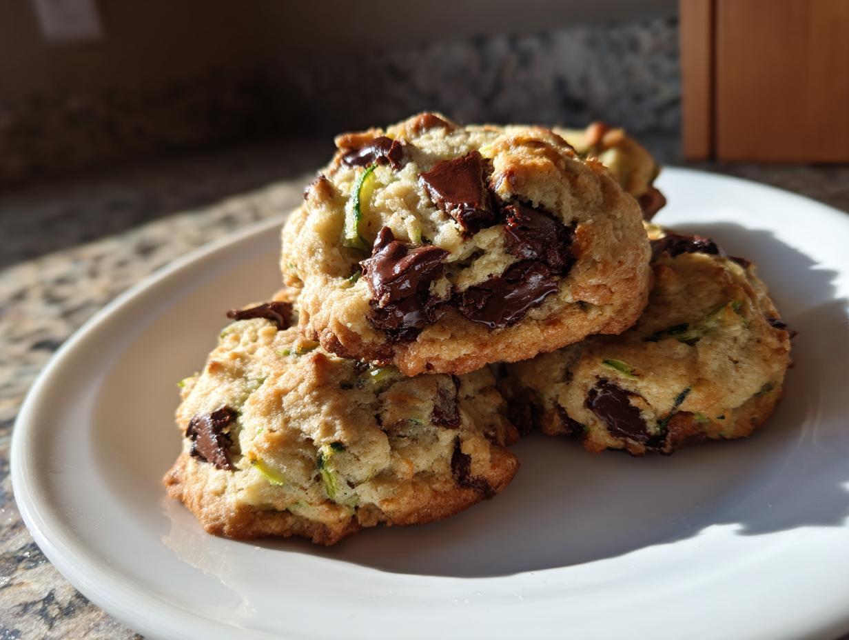 A stack of three delicious zucchini cookies loaded with melted dark chocolate chunks on a white plate.