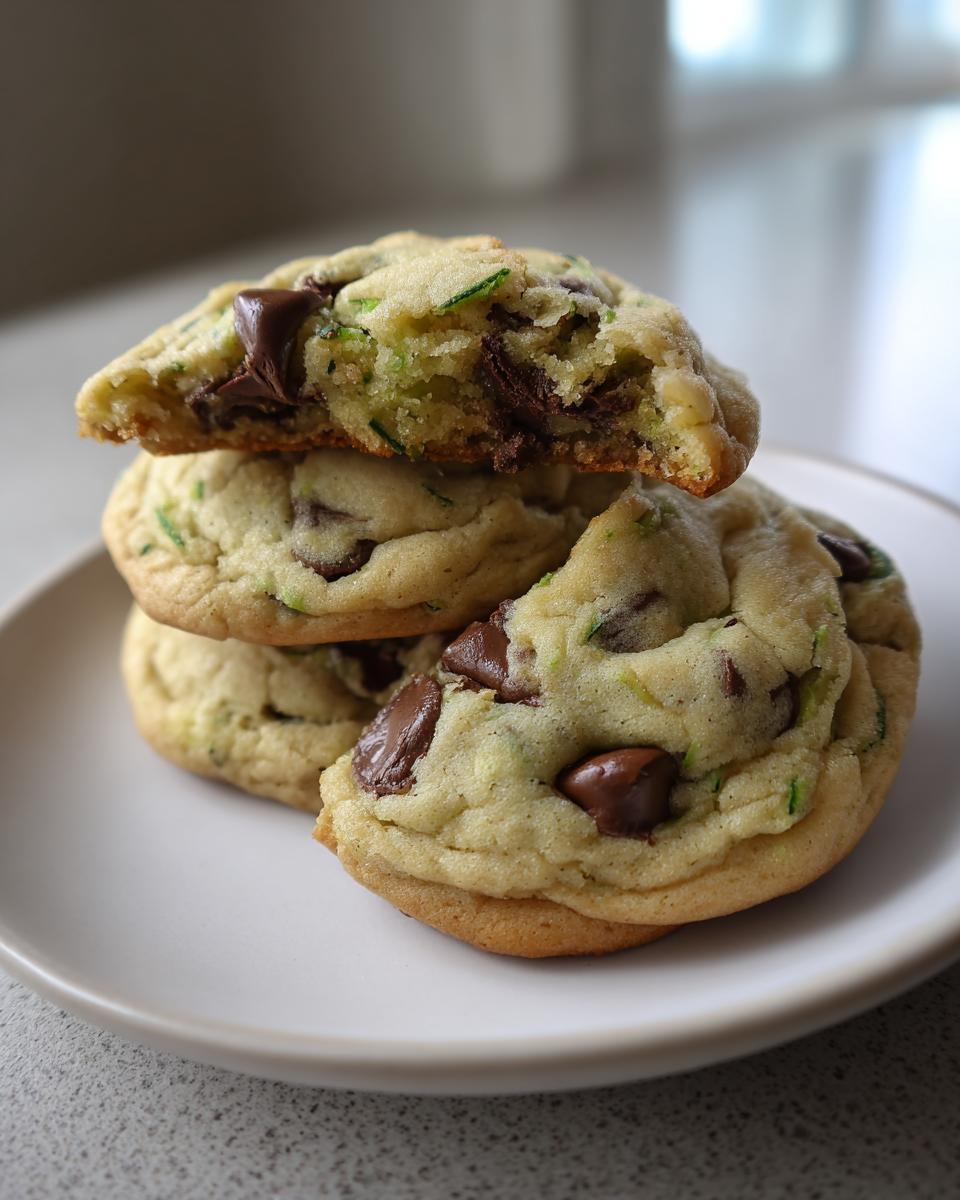 A stack of three soft zucchini cookies loaded with melted chocolate chips, one broken open to show the texture.