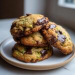 A stack of four thick, golden-brown zucchini cookies loaded with melted chocolate chunks.