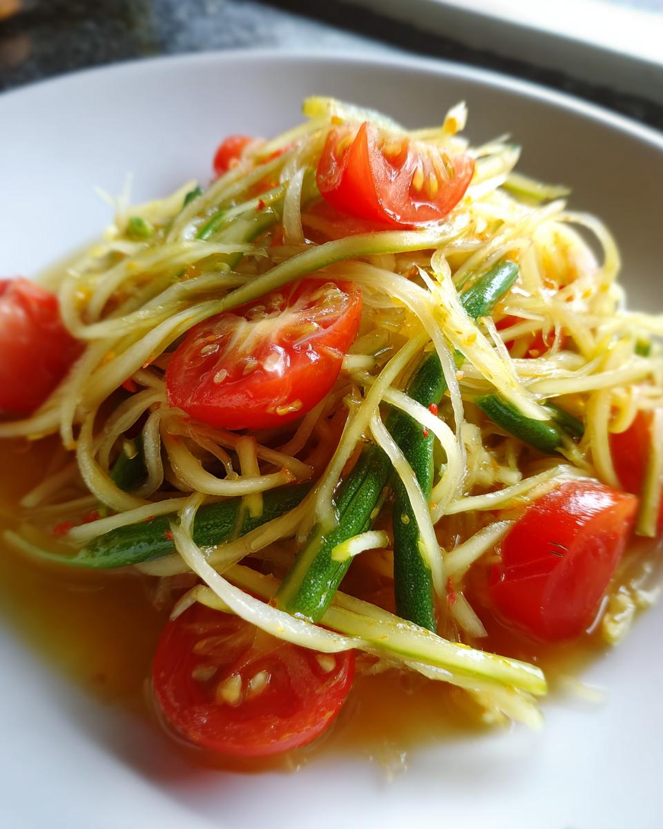 Close-up of vibrant, authentic papaya salad featuring shredded green papaya, cherry tomatoes, and green beans in a savory dressing.