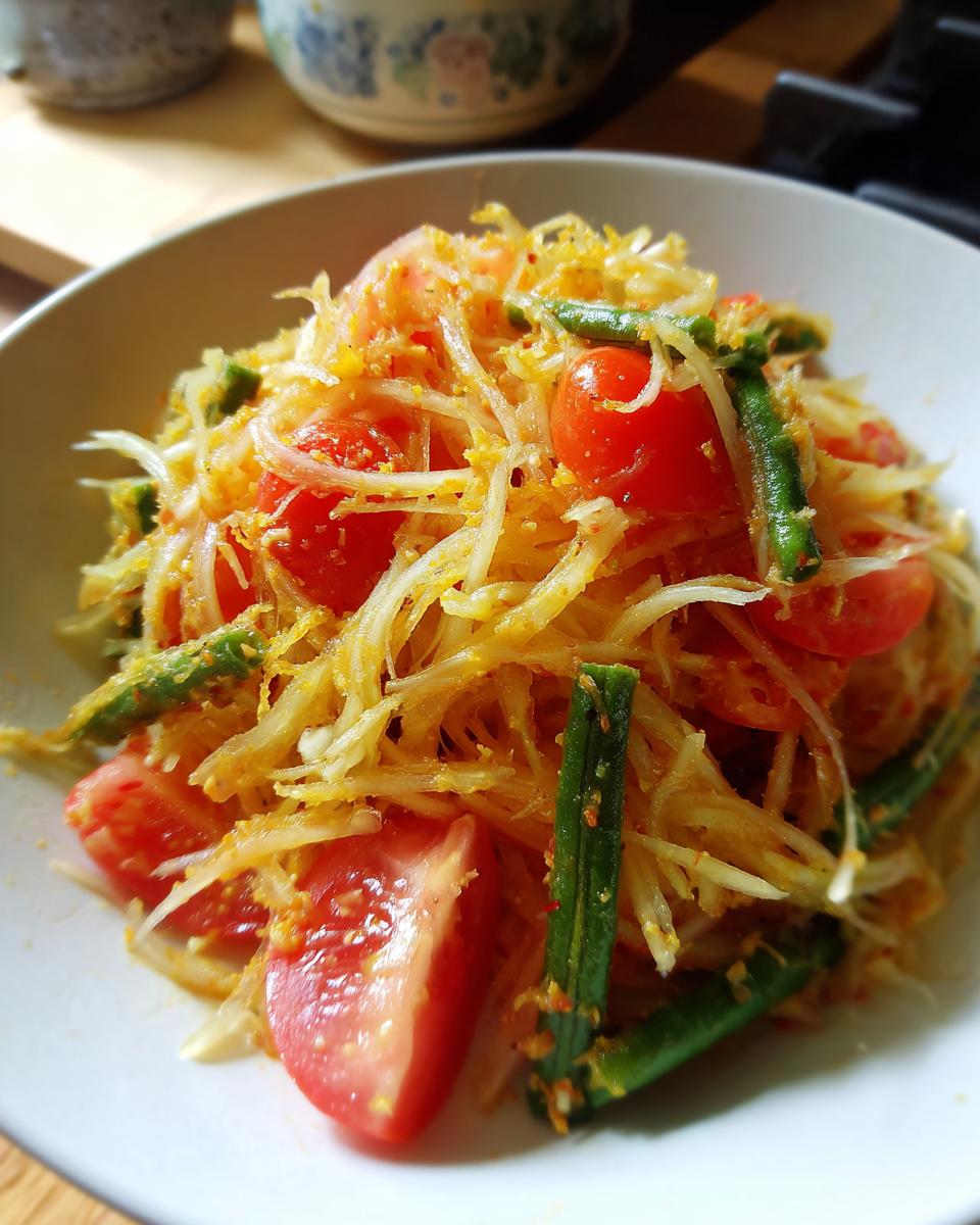 Close-up of vibrant, authentic papaya salad featuring shredded green papaya, cherry tomato wedges, and green beans.
