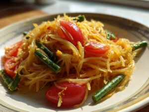 A close-up shot of authentic papaya salad featuring shredded green papaya, bright red cherry tomatoes, and green beans.