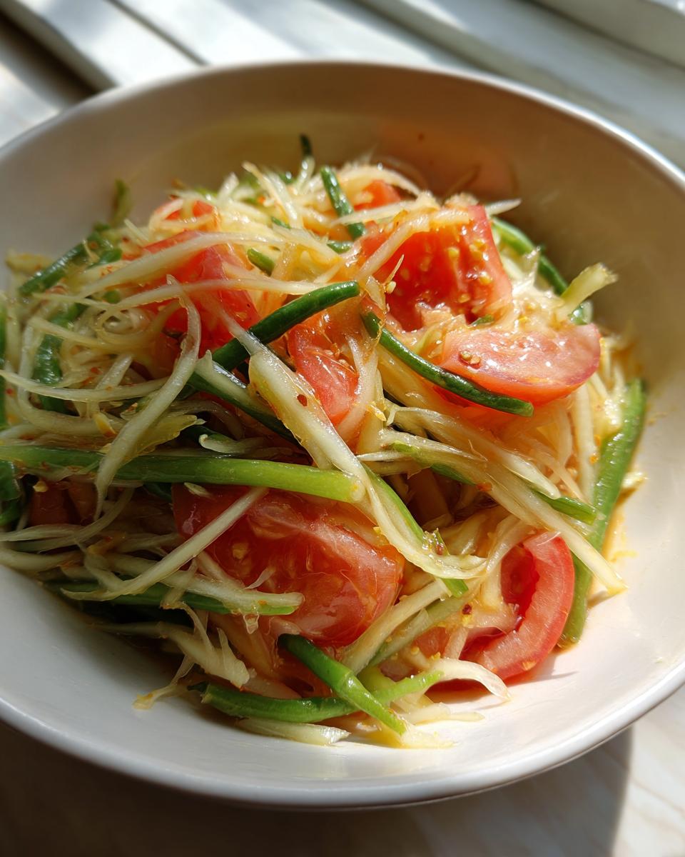 Close-up of authentic papaya salad featuring shredded green papaya, bright red tomato wedges, and green beans.