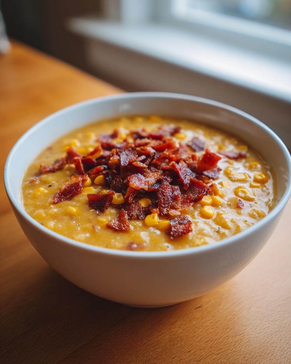 A close-up of a creamy bowl of corn chowder generously topped with crispy bacon bits.