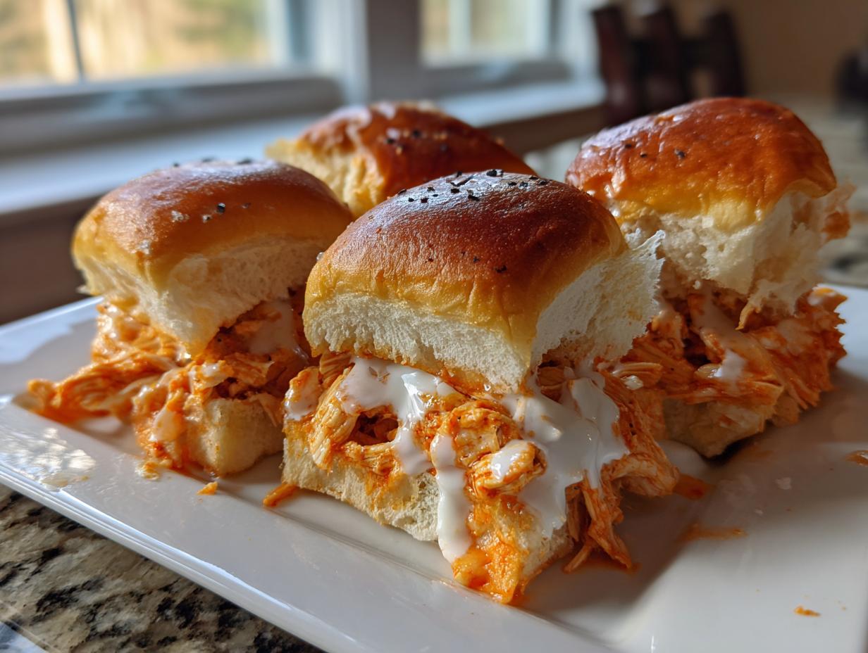 Four baked buffalo chicken sliders loaded with shredded orange chicken and drizzled with ranch or blue cheese dressing.