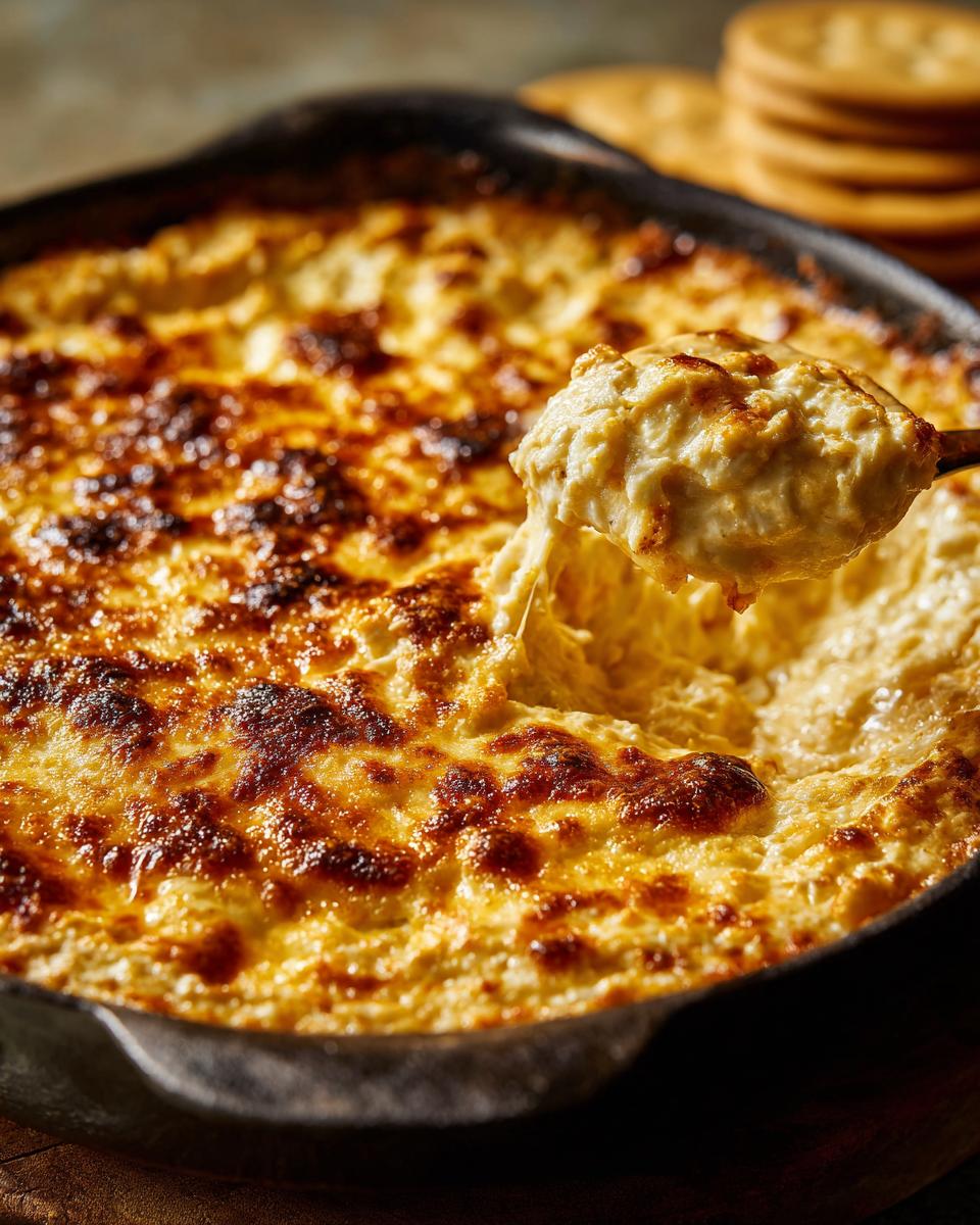 A spoonful of hot, cheesy crab dip recipe being lifted from a cast iron skillet with crackers visible in the background.