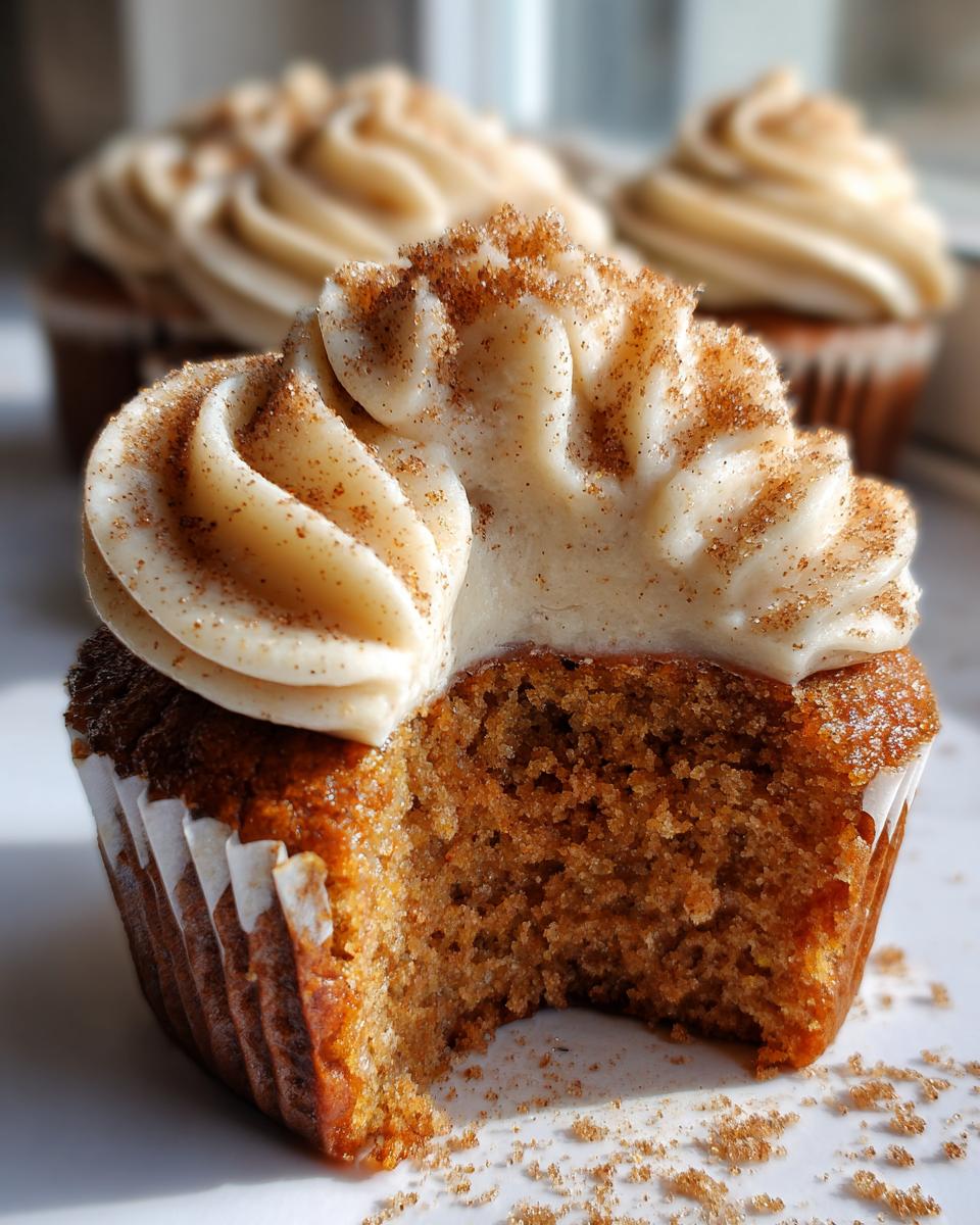 Close-up of a bitten churro cupcake showing the moist interior, topped with cinnamon-sugar frosting.