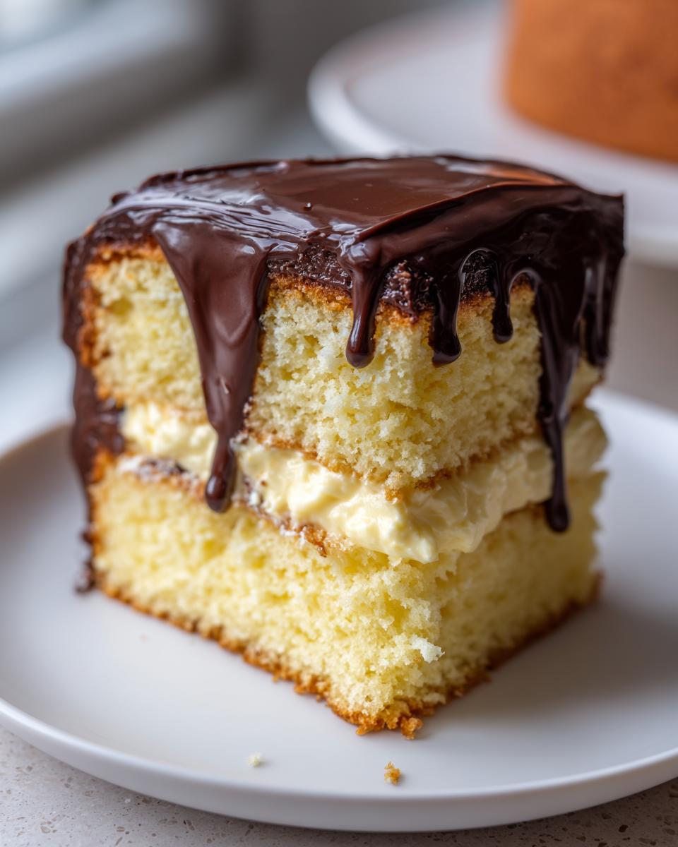 A tall, square slice of Boston Cream Pie featuring two layers of yellow cake, vanilla pastry cream, and rich chocolate ganache dripping down the sides.