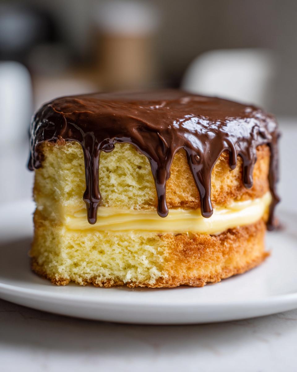 A single serving of Boston Cream Pie featuring yellow cake, vanilla cream filling, and dripping chocolate ganache.