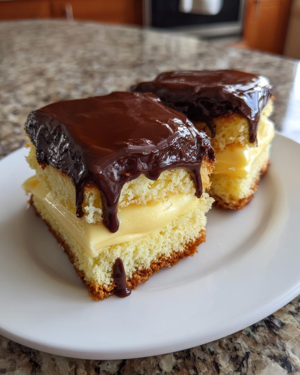 Two square slices of Boston Cream Pie featuring yellow cake, thick vanilla custard, and dripping chocolate ganache.