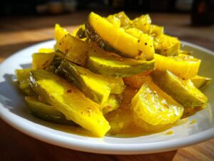 Close-up of bright yellow, thick-cut bread and butter pickle slices piled on a white plate.
