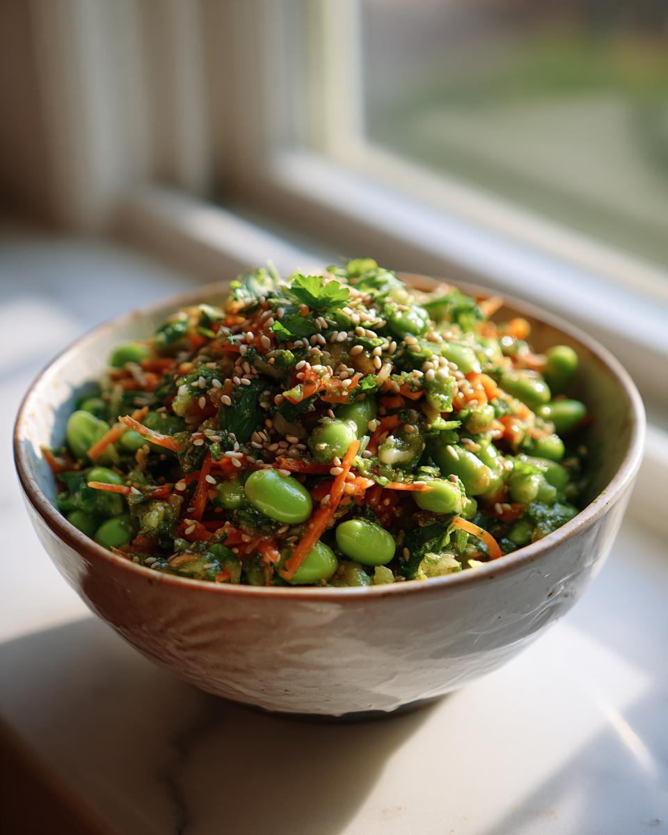 A vibrant bowl of edamame salad mixed with shredded carrots and topped generously with sesame seeds.