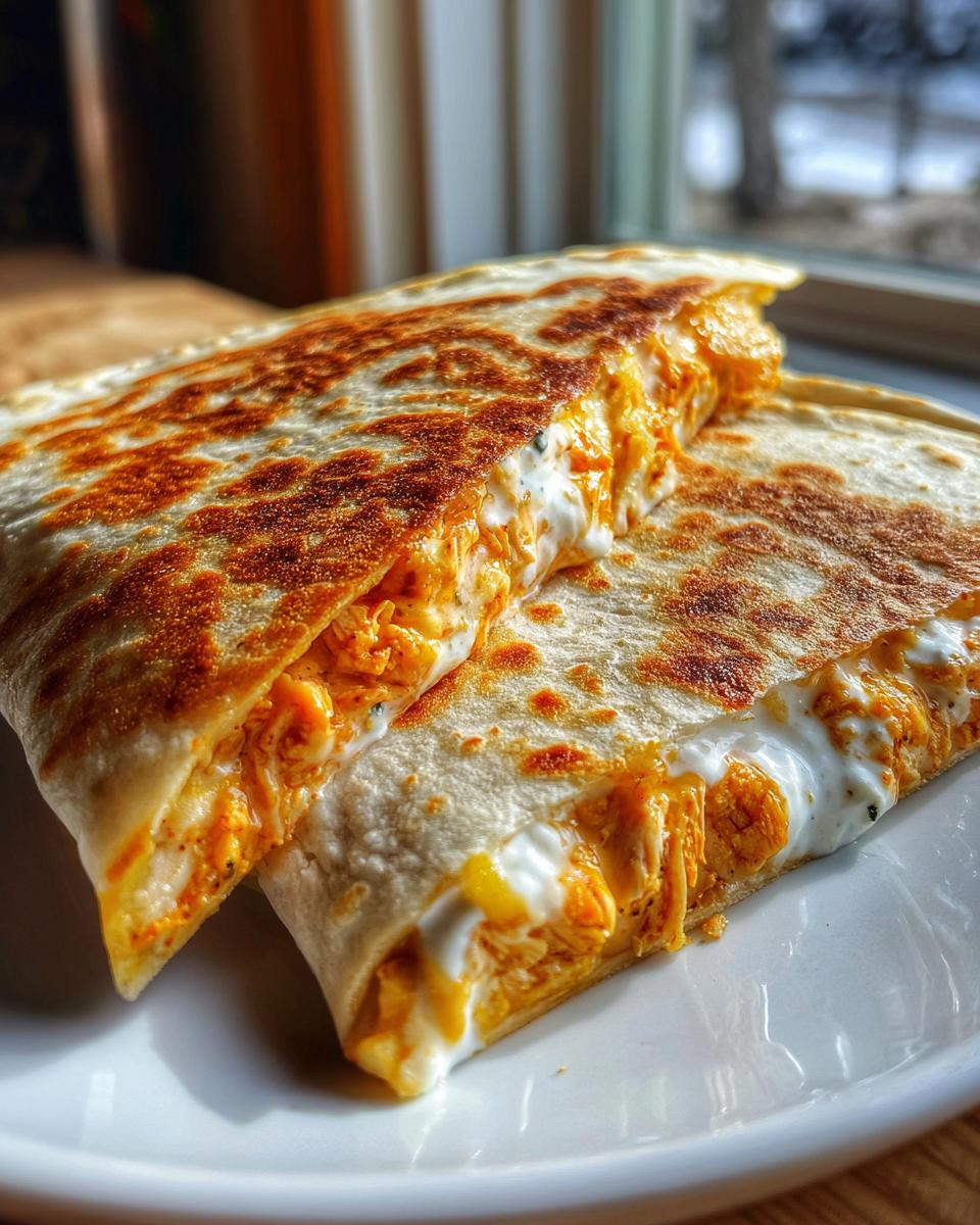 Close-up of a perfectly grilled buffalo chicken quesadilla cut in half, showing melted cheese and shredded chicken filling.