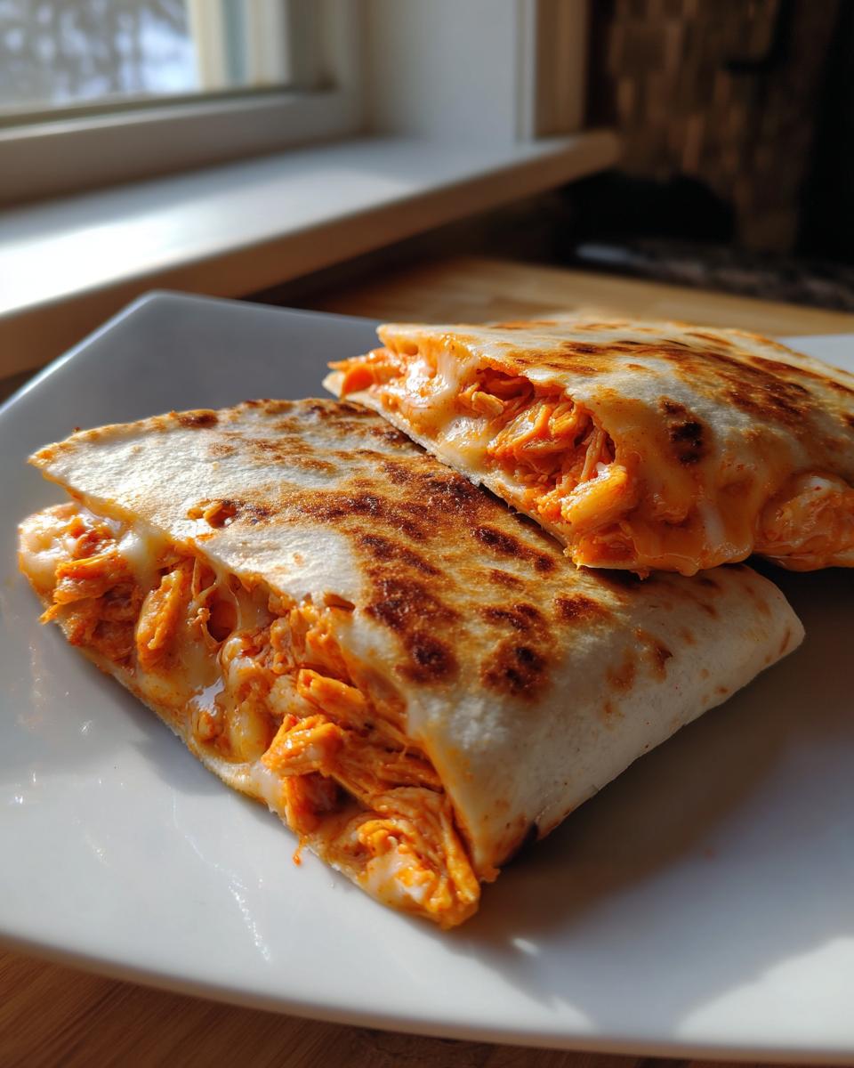 Two halves of a toasted buffalo chicken quesadilla showing melted cheese and shredded orange buffalo chicken filling.