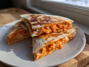 Three golden-brown slices of buffalo chicken quesadilla filled with shredded chicken and melted cheese.