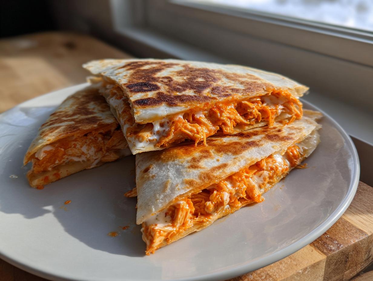 Three golden-brown slices of buffalo chicken quesadilla filled with shredded chicken and melted cheese.