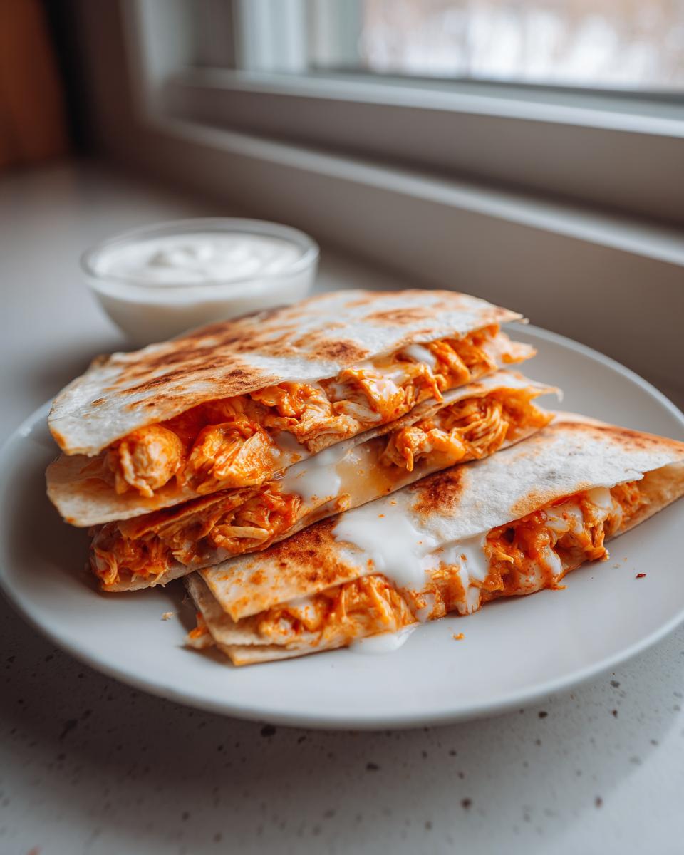 Close-up of stacked buffalo chicken quesadilla wedges oozing cheese and drizzled with white sauce.