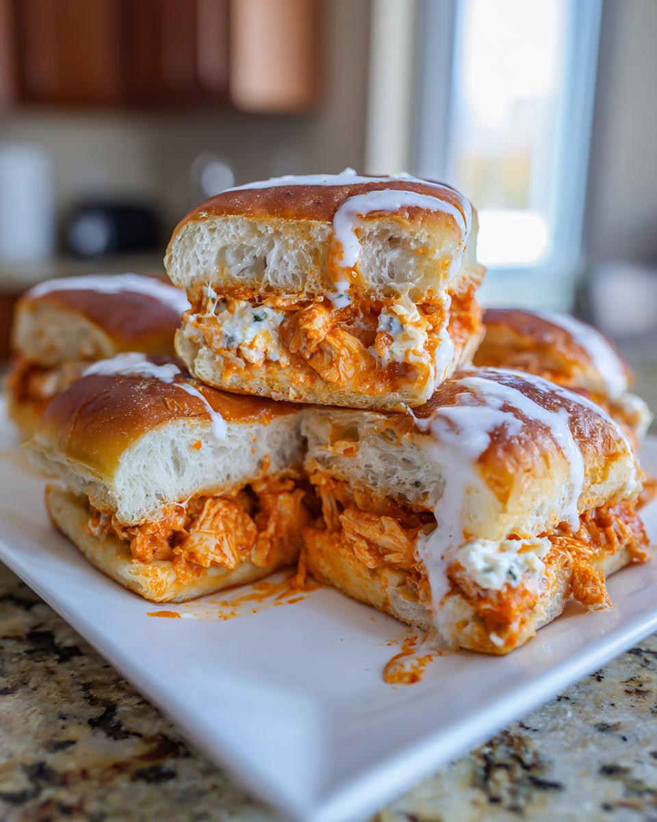 Close-up of baked buffalo chicken sliders cut in half, showing shredded chicken filling and drizzled with ranch or blue cheese dressing.