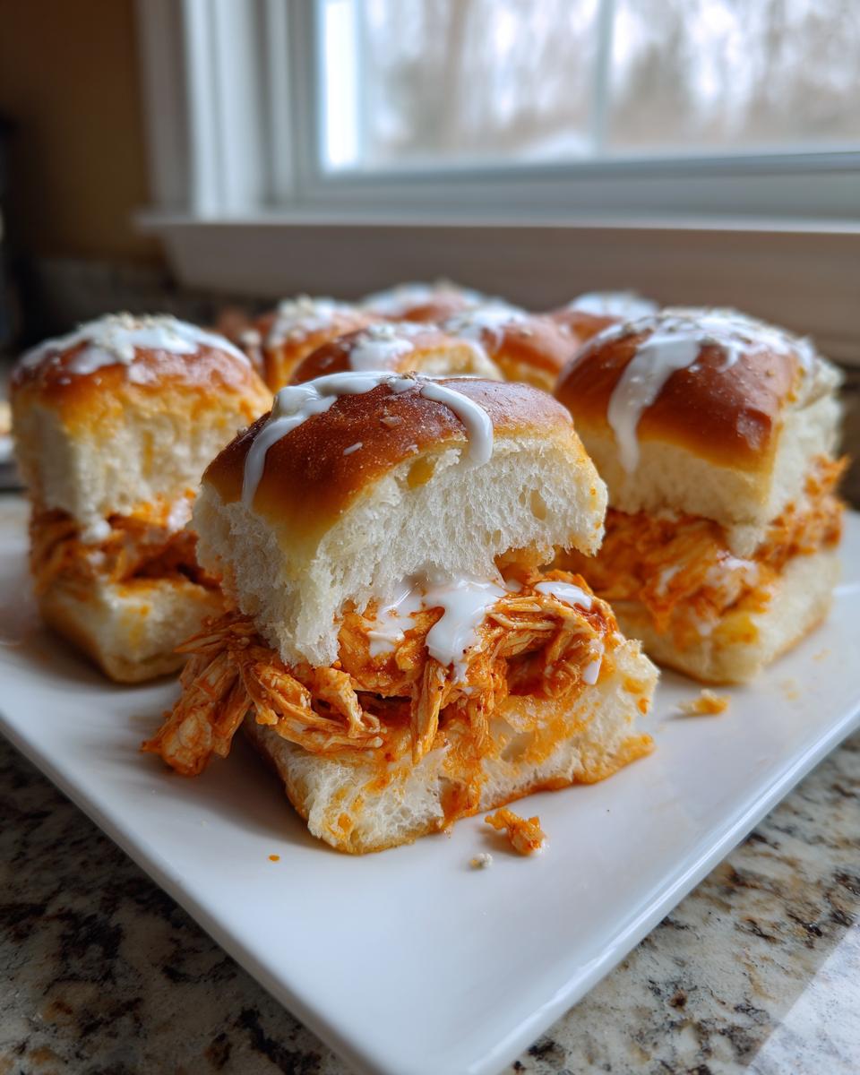 A close-up of several baked buffalo chicken sliders filled with shredded orange chicken and drizzled with white ranch or blue cheese dressing.