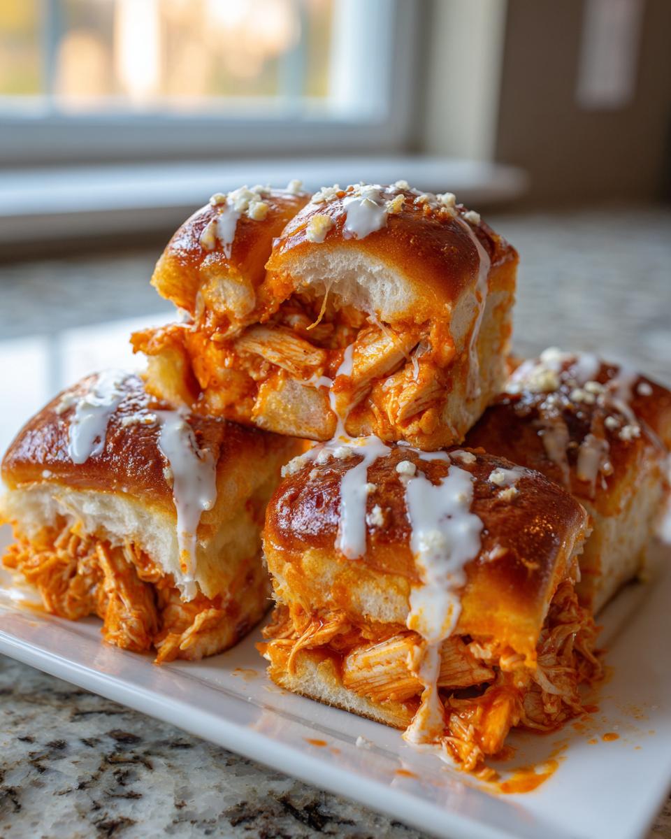 A stack of gooey buffalo chicken sliders topped with ranch or blue cheese drizzle and crumbles.