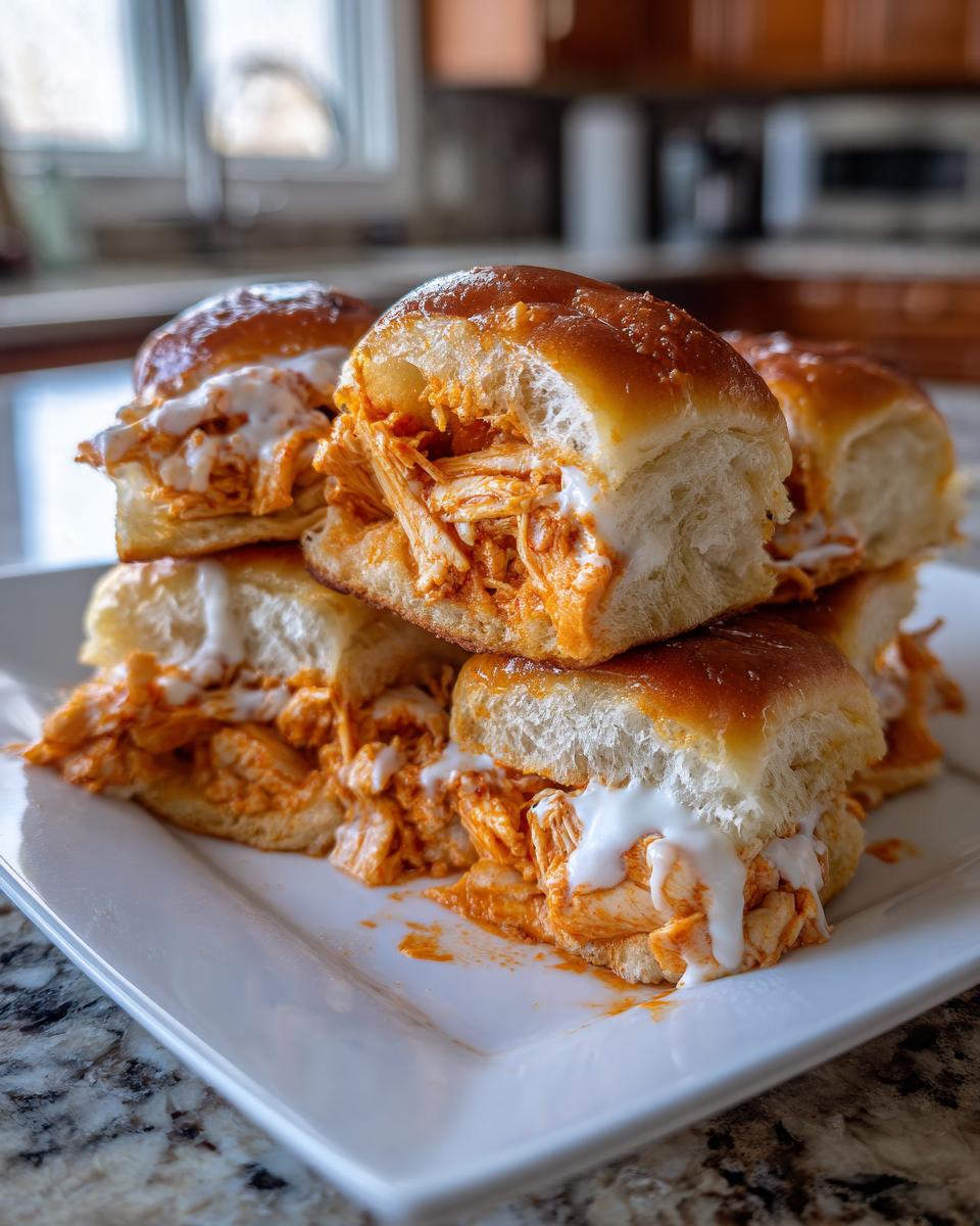 A stack of baked buffalo chicken sliders filled with shredded orange chicken and drizzled with white ranch or blue cheese dressing.