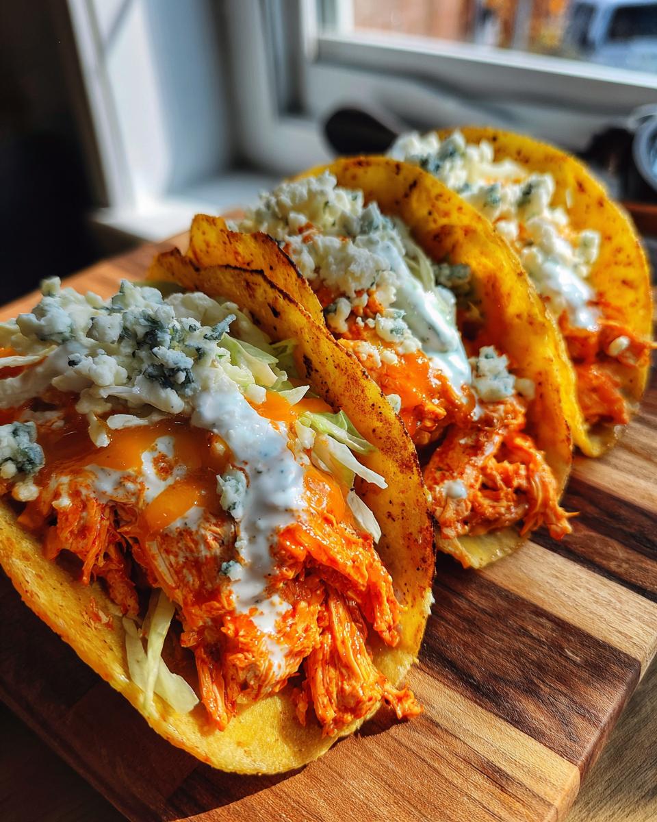 Three crispy buffalo chicken tacos filled with shredded orange chicken, slaw, ranch, and blue cheese crumbles.